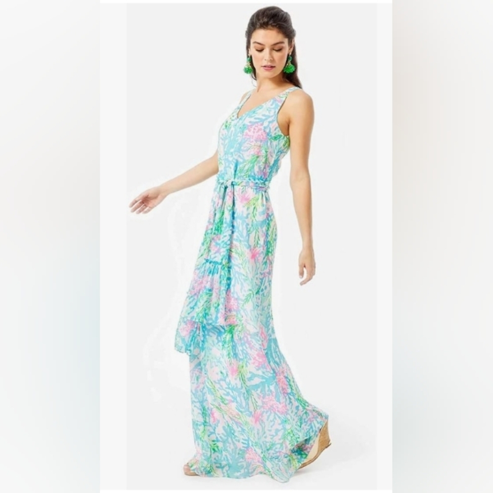 NWT Lilly Pulitzer XL Lani Maxi Dress Coral Bay Blue Pink White GORGEOUS! Rare!